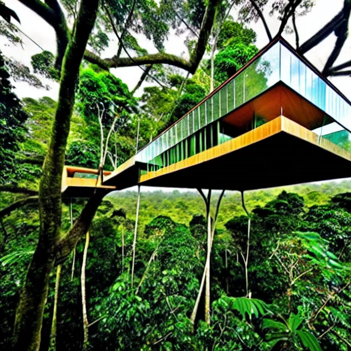 Image similar to cantilevered treehouse in the amazon jungle