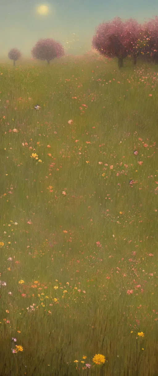 Image similar to A painting of a field of flowers trending on artstation in the style of Greg Rutkowski