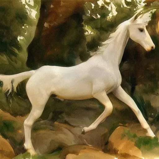 Prompt: A beautiful water painting of an elf Horse in the forest, John Singer Sargent