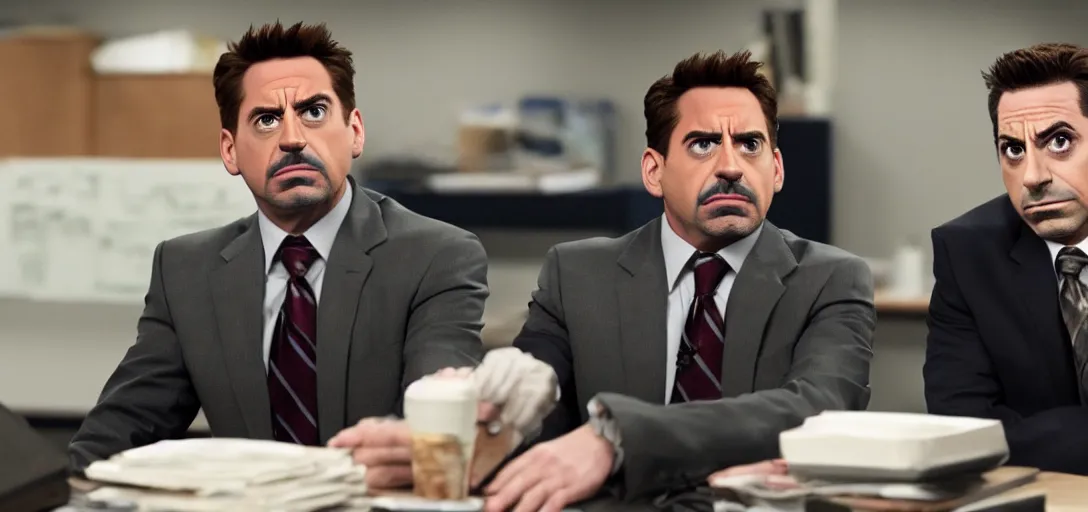 Image similar to a very high resolution image of tony stark and micheal scott. from an episode of the office. photorealistic, photography