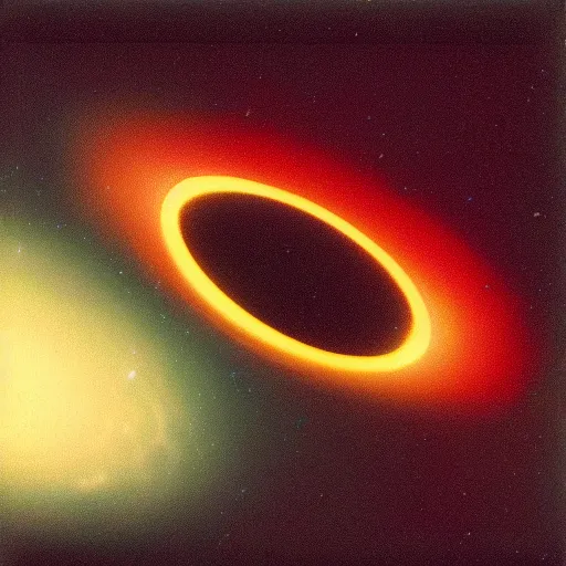 Prompt: polaroid photo of black hole in space, close up, futuristic light, trending on artstation, retro photography