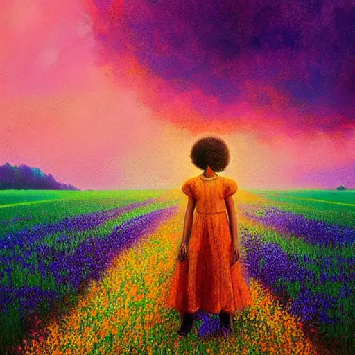 Image similar to large flowers afro, girl standing in a field with flowers, surreal photography, hills, big trees, sunrise dramatic light, impressionist painting, colorful clouds, digital painting, pointillism, artstation, simon stalenhag