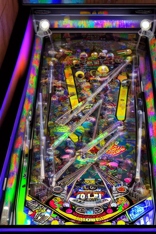 Image similar to a detailed pinball table layout overhead view, game art, realistic digital art, fluorescent colors, halluzinogenic, multicolored, exaggerated detailed, unreal engine