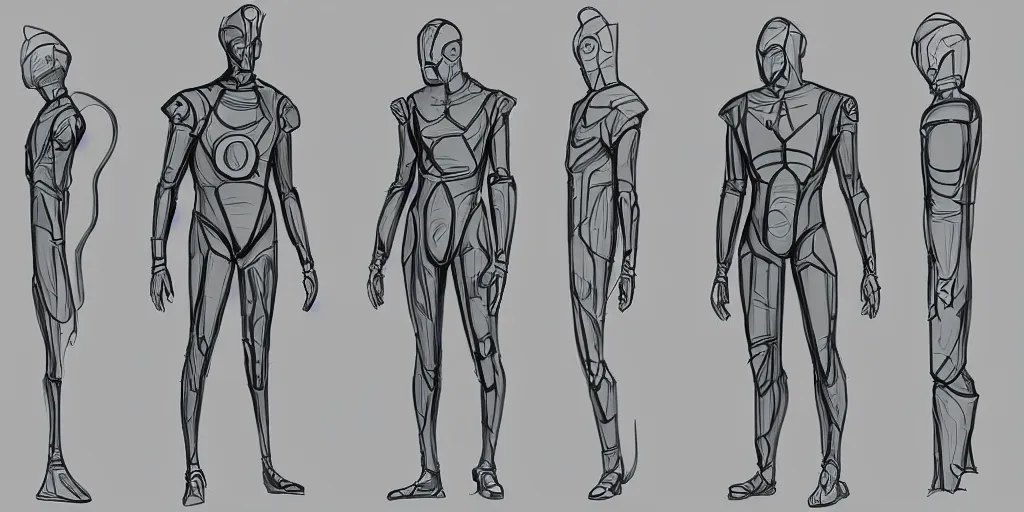 Image similar to male, elongated figure, space suit, large shoulders, short torso, long thin legs, tiny feet, character sheet, digital sketch, very stylized, concept design