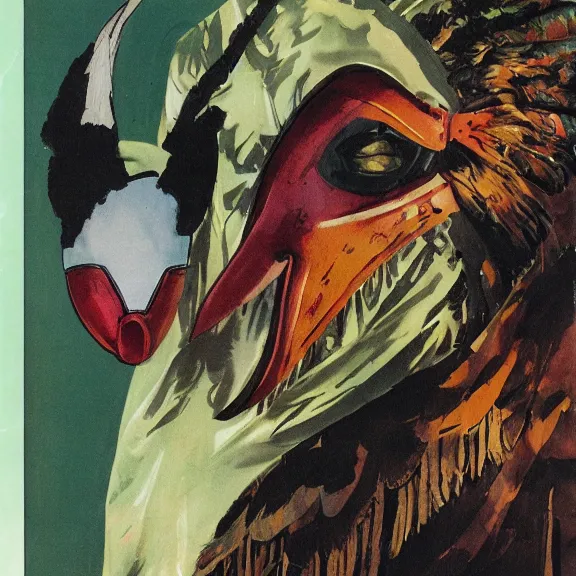 Prompt: illustration of model in plastic bird mask wearing baggy colorful 9 0 s rick owens jacket by frank frazetta. sci fi book cover.