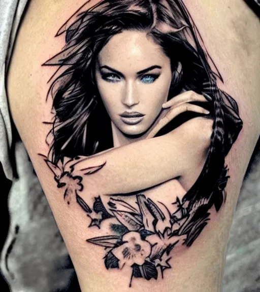 Image similar to double exposure effect tattoo design sketch of megan fox with beautiful mountain scenery, realism tattoo, in the style of matteo pasqualin, amazing detail, sharp