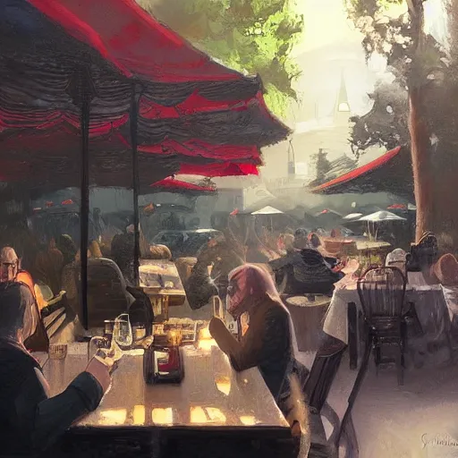 Image similar to klingon sitting at outdoor table at vintage paris cafe, digital painting, greg rutkowski, john howe.