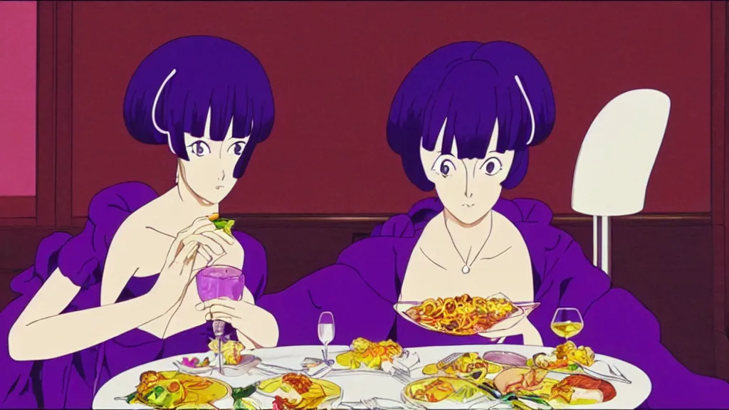 Image similar to a woman wearing a purple dress and wearing a purple slug mask eating dinner at a fancy French restaurant in Tokyo, anime film still from the an anime directed by Katsuhiro Otomo with art direction by Salvador Dalí, wide lens