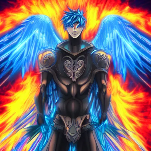 Prompt: villan angel handsome in love slayer art, night, electro lines, anime style, detailed face, high quality, smooth in 8k, sharp focus, beautiful scene, black border, beautiful scene with a lot of colors, colorful fire, many colors