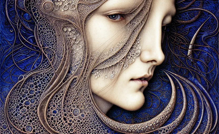 Image similar to detailed realistic beautiful moon goddess face portrait by jean delville, gustave dore, iris van herpen and marco mazzoni, art forms of nature by ernst haeckel, art nouveau, symbolist, visionary, gothic, neo - gothic, pre - raphaelite, fractal lace, intricate alien botanicals, ai biodiversity, surreality, hyperdetailed ultrasharp octane render