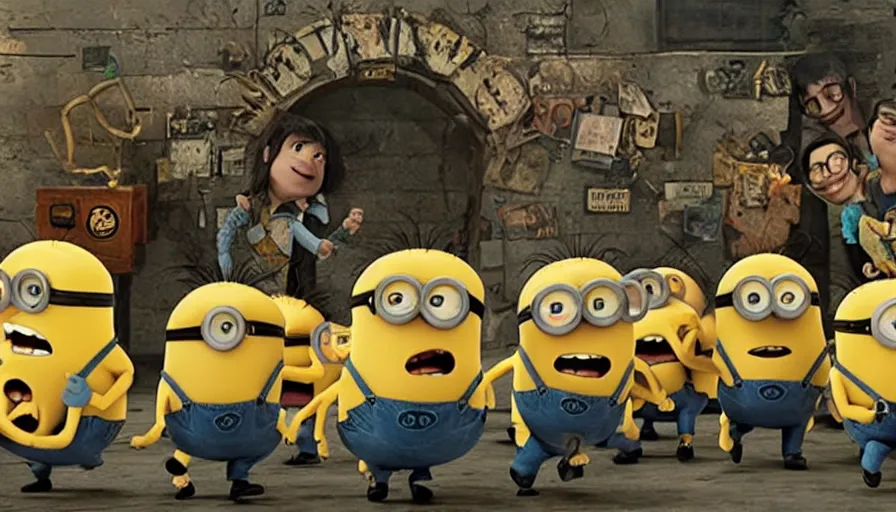 Image similar to fight!! club!!!!, fight!! club!!!! ((((the minions)))), movie still, directed by David fincher