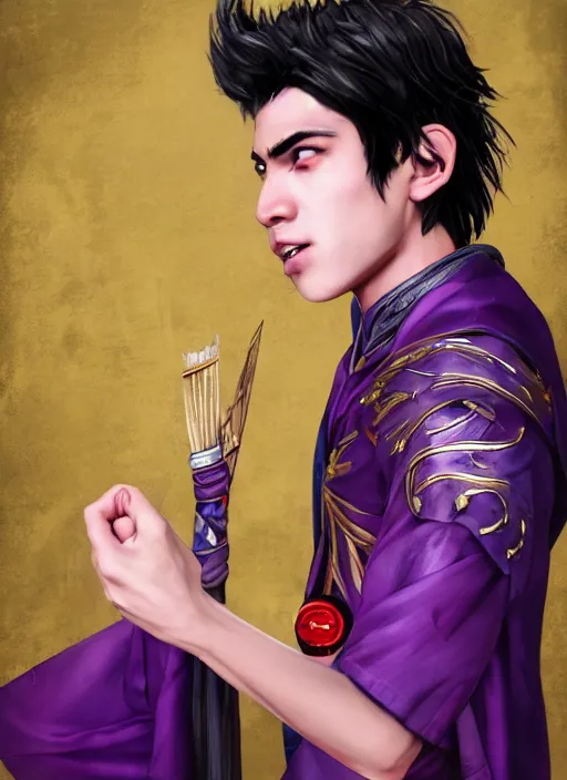 Image similar to An epic fantasy comic book style portrait painting of teenager boy with straight indigo hair, purple eyes with red eye markers, slim body, wearing a detailed Japanese kimono with golden armor details, holding a fan. Unreal 5, DAZ, hyperrealistic, octane render, cosplay, RPG portrait, dynamic lighting