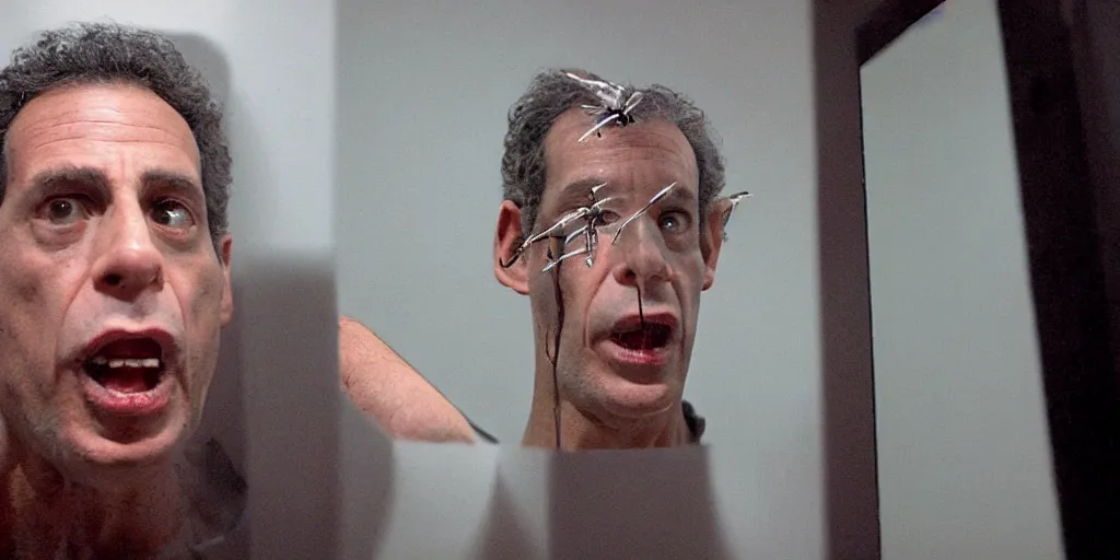 Image similar to ultra wide angle photo of jeff goldbloom dressed as seth brundle is looking at himself in a bathroom mirror and seeing his reflection as the fly, a mutated insect version of jeff goldbloom