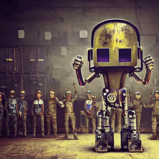 Prompt: a realistic crazy robot wearing a welding helmet, welding helmet head, one fist raised high in triumph, raised fist, standing in front of an army of robots inside a huge rusty dingy warehouse, army of military robots, raygun gothic, atomic punk, digital art, detailed render