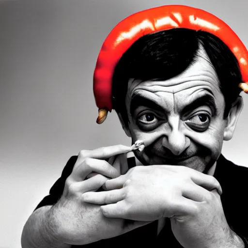 Prompt: A World Press Photo Award winning photograph of mr. Bean dressed as a hotdog