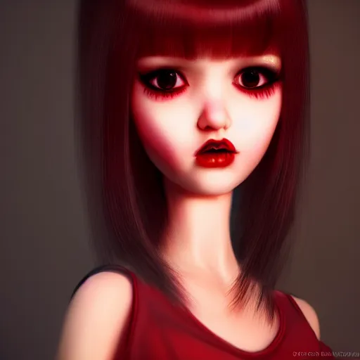 Prompt: the doll girl with bangs hair, black hair long till nose, ultra detailed face, red clothe, by character art, masterpiece, dark art, retro, concept art, soft lighting, sharp focus, 8 k hd resolution, high quality image