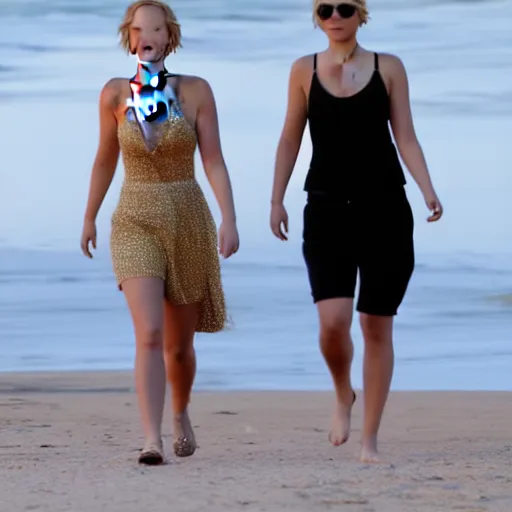 Image similar to Jennifer Lawrence and Jennifer Lawrence walking along the beach together, golden hour, hyperdetailed, 8k,