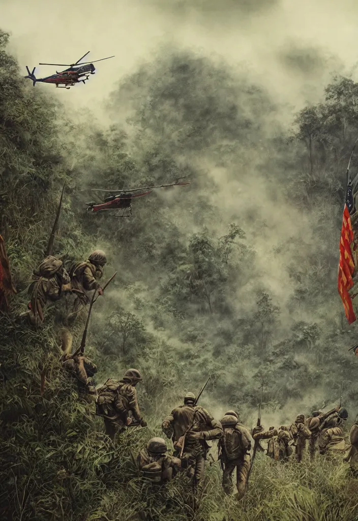 Prompt: handmade illustration of an epic Vietnam war scene with a very few american soldiers walking into the jungle, some smoke and fire, blue sky with dramatic clouds, one helicopter, line art, ballpoint, oil on canvas by Kilian Eng and by Jake Parker, heavy brushstrokes, winning-award masterpiece, fantastic, octane render, 8K HD Resolution, High quality image
