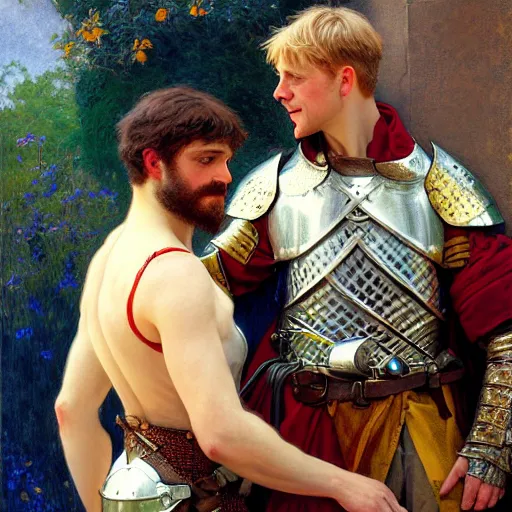 Image similar to attractive arthur pendragon and his attractive male knight, they are in love, natural lighting, path traced, highly detailed, high quality, digital painting, by gaston bussiere, craig mullins, alphonse mucha j. c. leyendecker