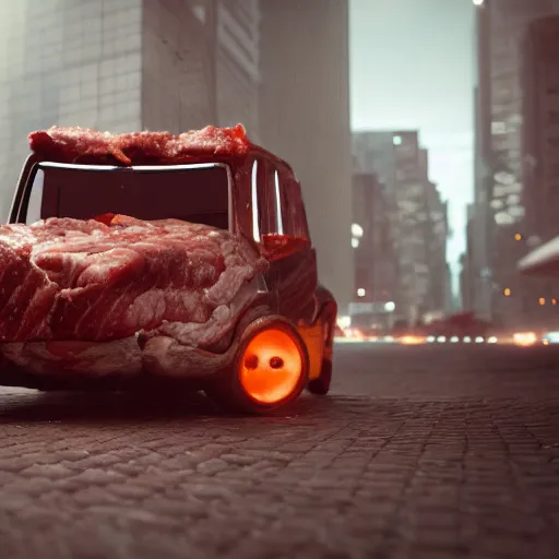 Image similar to car made of meat, 8 k, octane render, scary, dark, city in backround, meaty, very meaty, super super meaty