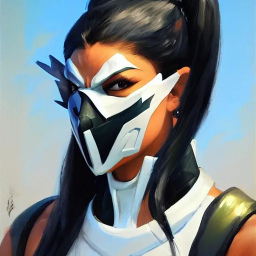 Image similar to greg manchess portrait painting of jade from mortal kombat wearing a half mask as overwatch character, medium shot, asymmetrical, profile picture, organic painting, sunny day, matte painting, bold shapes, hard edges, street art, trending on artstation, by huang guangjian and gil elvgren and sachin teng