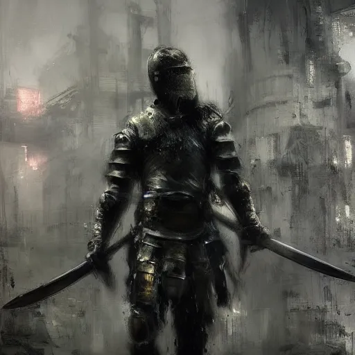 Prompt: knight holds sword made of lightning enemies everywhere, realistic, ultrahd, jeremy mann painting