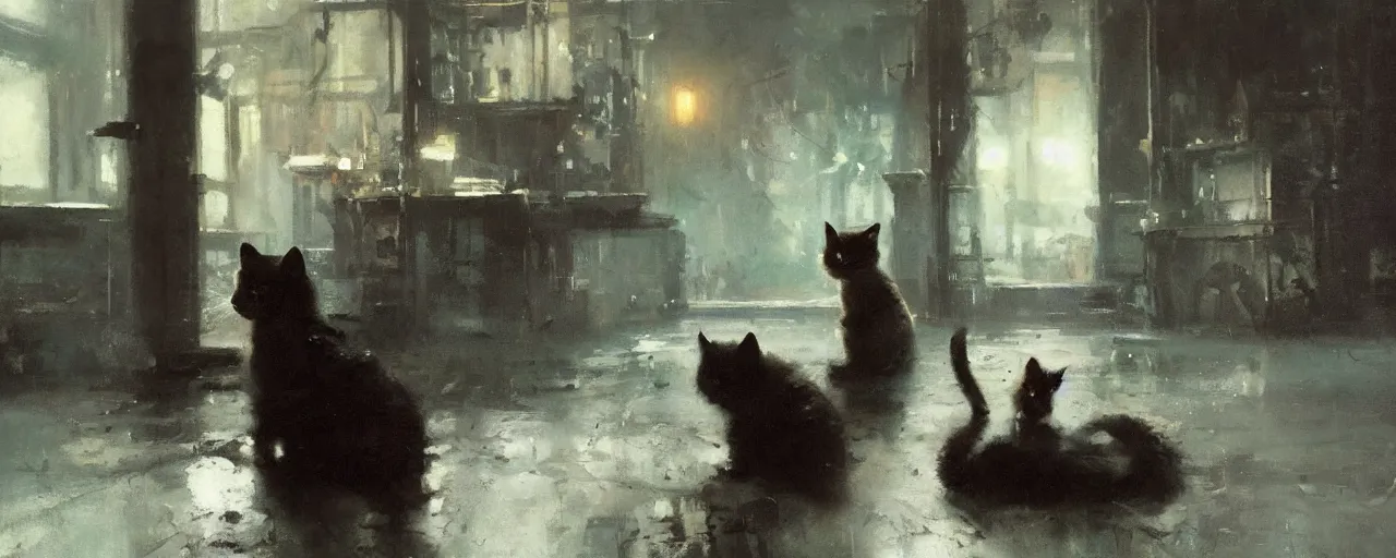 Prompt: The kitty mafia by jeremy mann and greg rutkowski, dramatic earth colors with few farm green highlights, 80 mm lens, oil on canvas