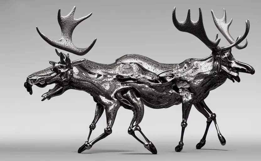 Image similar to stylized shiny polished silver statue full body extra limbs bizarre cosmic horror quadruped animal moose deer skull four legs made of marble of slug creature tendrils, perfect symmetrical body, perfect symmetrical face, hyper realistic, hyper detailed, by johannen voss, by michelangelo, octane render, blender, 8 k, displayed in pure white studio room austere