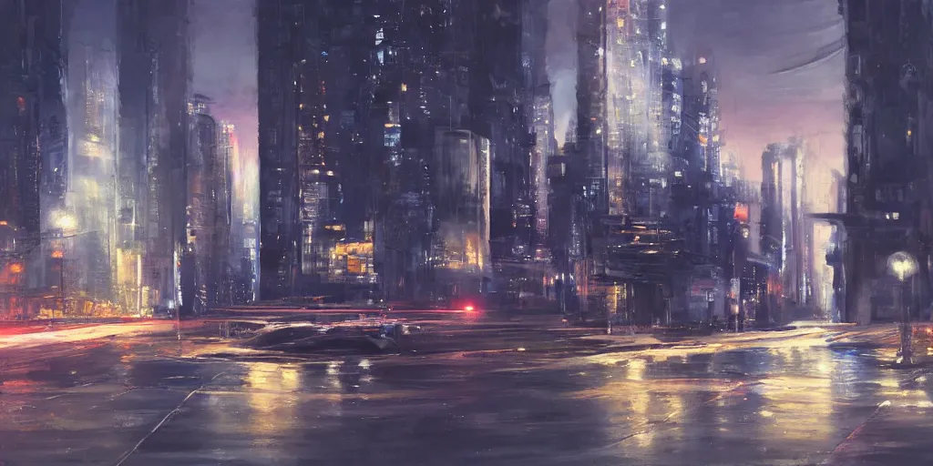 Prompt: a runabout in futuristic cityscape at night, soft lighting, realistic painting