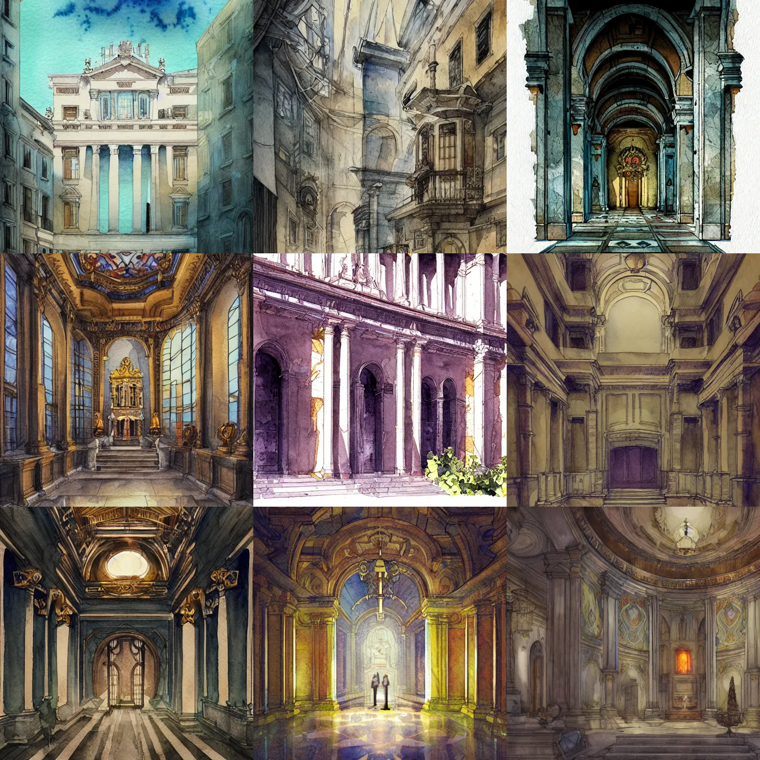 Prompt: an extremely beautiful architectural watercolor illustration in the baroque style of rez,