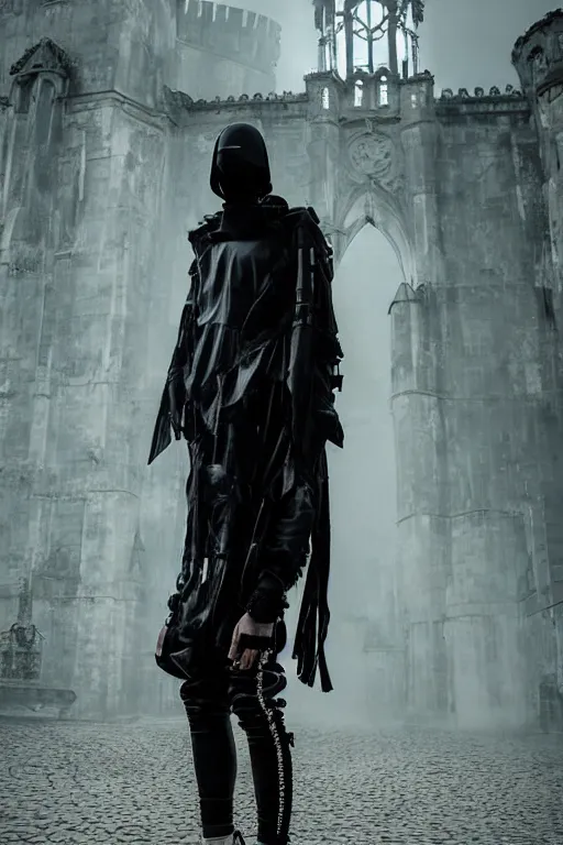 Image similar to avant garde techwear look and clothes, we can see them from feet to head, highly detailed and intricate, hypermaximalist, dystopian castle background, eerie fog, luxury, Rick Owens, Errolson Hugh, Yohji Yamamoto, Chrome Hearts, cinematic outfit photo