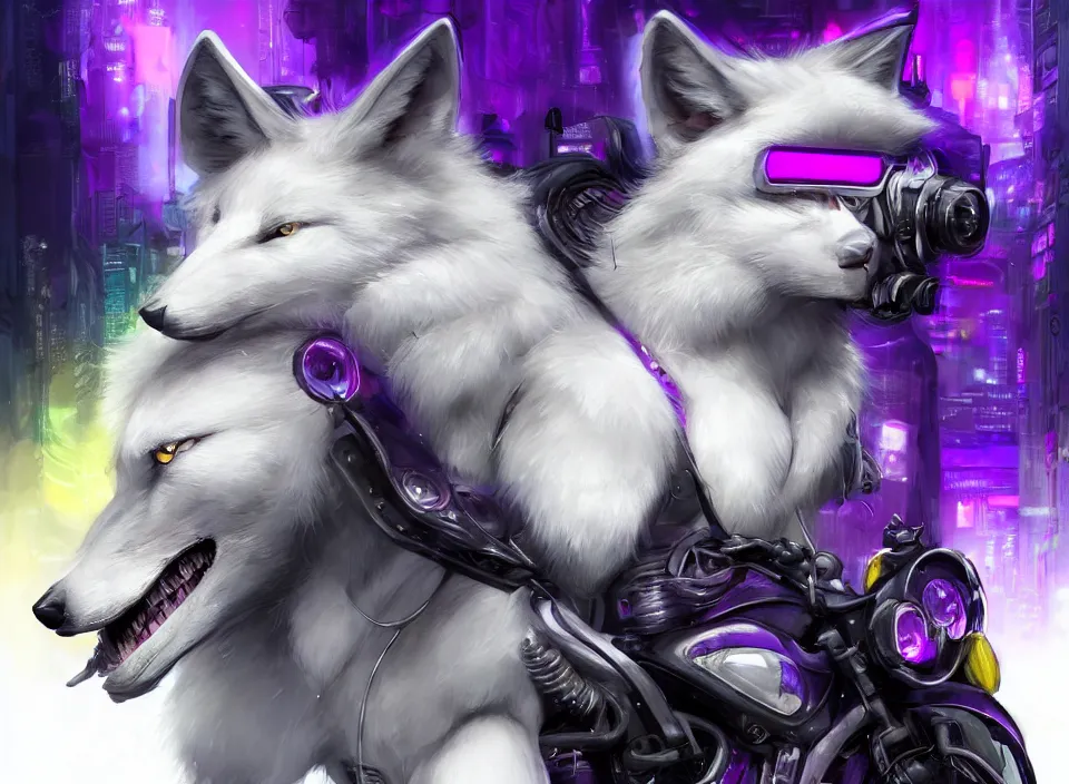 Image similar to award winning beautiful portrait commission of a male furry anthro albino wolf fursona with a tail and a cute beautiful attractive detailed furry face wearing stylish black, purple and yellow cyberpunk biker clothes riding a cybertech motorcycle in a cyberpunk city at night while it rains. Character design by charlie bowater, ross tran, artgerm, and makoto shinkai, detailed, inked, western comic book art