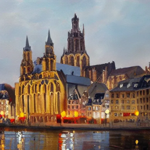 Image similar to an oil painting of Amiens, artstation, interesting lights, cathedral in background, perret