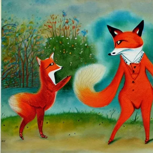 Prompt: a smug fox dances with a pretty chicken, Louis William Wain watercolor,