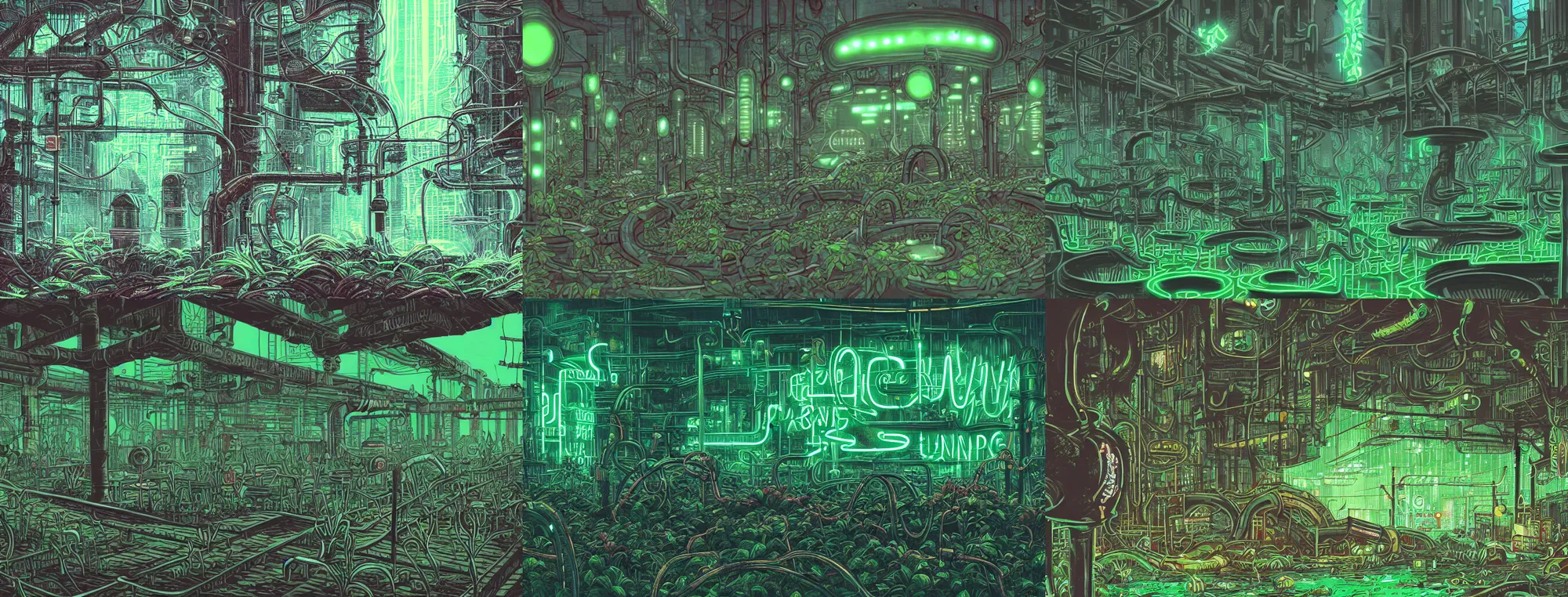 Prompt: plants growing out of old rusty pipes in a labyrinth, green neon signs, ground covered in mist, detailed cyberpunk illustration