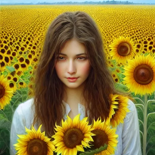 Image similar to a girl slowly walking through amazing tall sunflower field, hair flowing, early morning lighting, elegant, subtle, intricate details, detailed face!, real masterpiece, oil on canvas, by karol bak, ayami kojima, artgerm, smile, concept art, fantasy