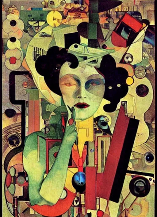 Prompt: cute punk goth fashion fractal alien martian girl with a television head wearing kimono made of circuits and leds, surreal Dada collage by Man Ray Kurt Schwitters Hannah Höch Alphonse Mucha