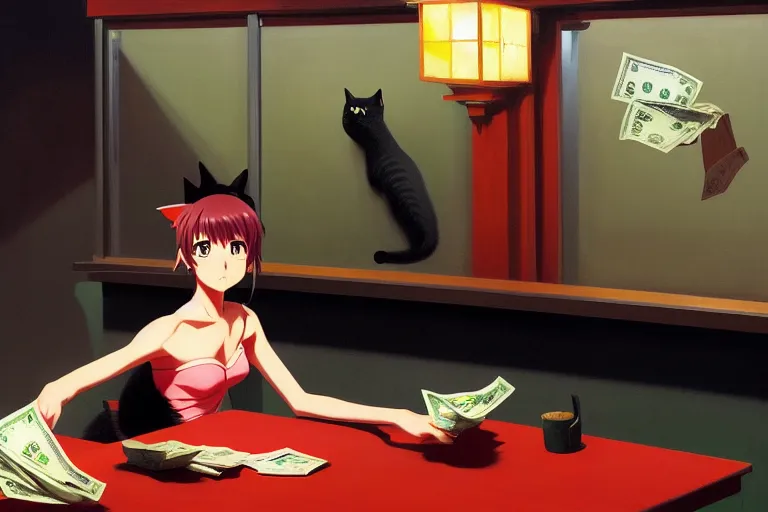 Image similar to anime key visual of anime cat girl losing all of her money on the stock market, panic red charts, line on big monitor screen going down, style of jamie wyeth james gilleard edward hopper greg rutkowski acrylic painting, preserved museum piece, historical