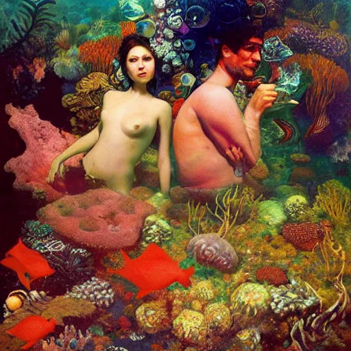 Prompt: a beautiful underwater portrait of two lovers surrounded by smoke mushrooms and coral reefs and crystals and plants, painting part by wojciech siudmak, part by ilya repin, part by max ernst, part by norman rockwell, artstation