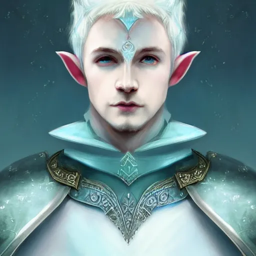 Prompt: half length portrait of a handsome male snow elf in a turquoise cape and silver ornate armour as an archer, albino skin, pale pointed ears, ethereal opalescent mist, moonlight snow, perfect face, elegant, very coherent symmetrical artwork, atmospheric lighting, rule of thirds, by wenjun lin, krenz cushart, charlie bowater, trending on artstation