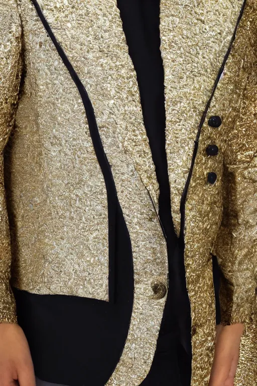 Prompt: futuristic blazer with gold accents and black lapel, hd, fashion design, suit design, fabric, weave, hyper detailed