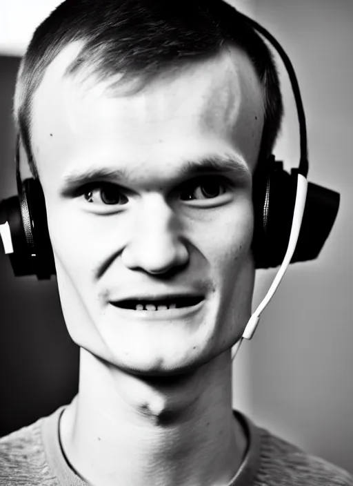 Image similar to vitalik buterin in headphones. vitalik buterin, close up, perfect symmetric face, coherent eyes, pixar, disney, beautiful smiling face, high detail, very sharp, 4 k