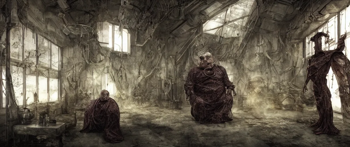 Image similar to baron harkonnen designed by hr giger junji ito moebius yasushi nirasawa, hdr, octane render, emerging from a black oil bath, sanitarium type room with angular windows, sunset emoting through windows, volumetric lighting, photorealistic, 8 k