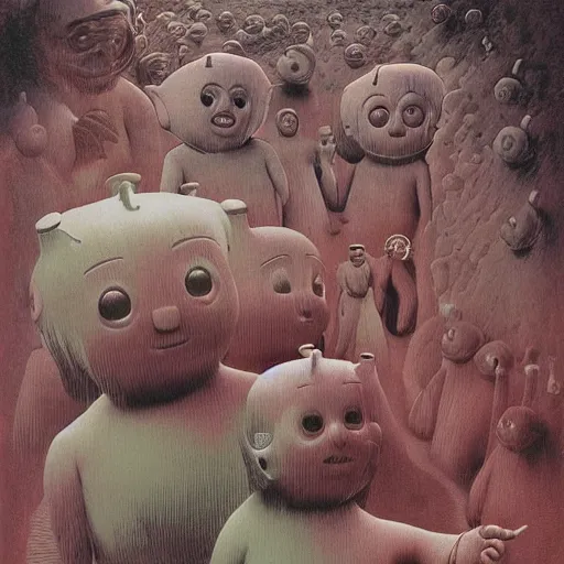 Prompt: teletubbies, illustrated by zdzisław beksinski