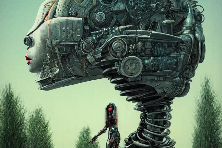 Image similar to gigantic robot - girl head floating in the space, a lot of exotic plants, trees, flowers, oldschool vintage sci - fi flat surreal grainy design, super - detailed, painting by enki bilal, hd, 4 k, high quality