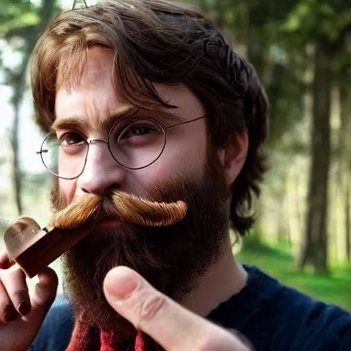 Image similar to harry potter with long beards and beautiful mustache, beard balm in his hand