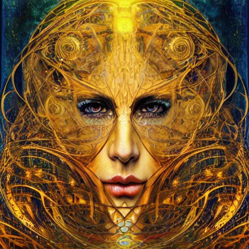 Image similar to Divine Chaos Engine portrait by Karol Bak, Jean Deville, Gustav Klimt, and Vincent Van Gogh, sacred geometry, visionary, mystic, fractal structures, ornate gilded medieval icon, spirals