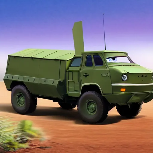 Image similar to HIMARS, Cars Pixar movie style, detailed, green