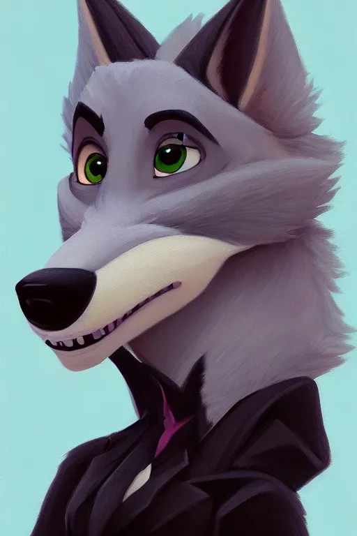 Image similar to oil painting of anthromorphic female wolf, in style of zootopia, female fursona, furry, furaffinity, 4 k, deviantart, furry art, fursona art, wearing black business suit, business suit, wolf fursona, female, very expressive detailed feminine face,