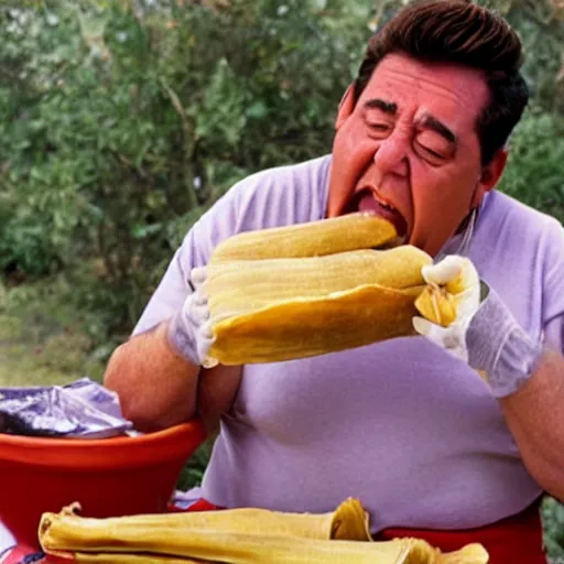 Prompt: Fred Flintstone eating tamales